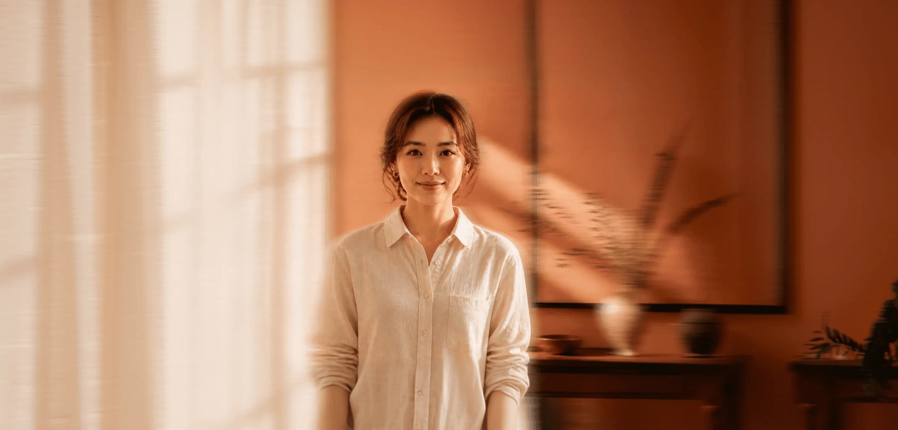 Woman in a warm terracotta room