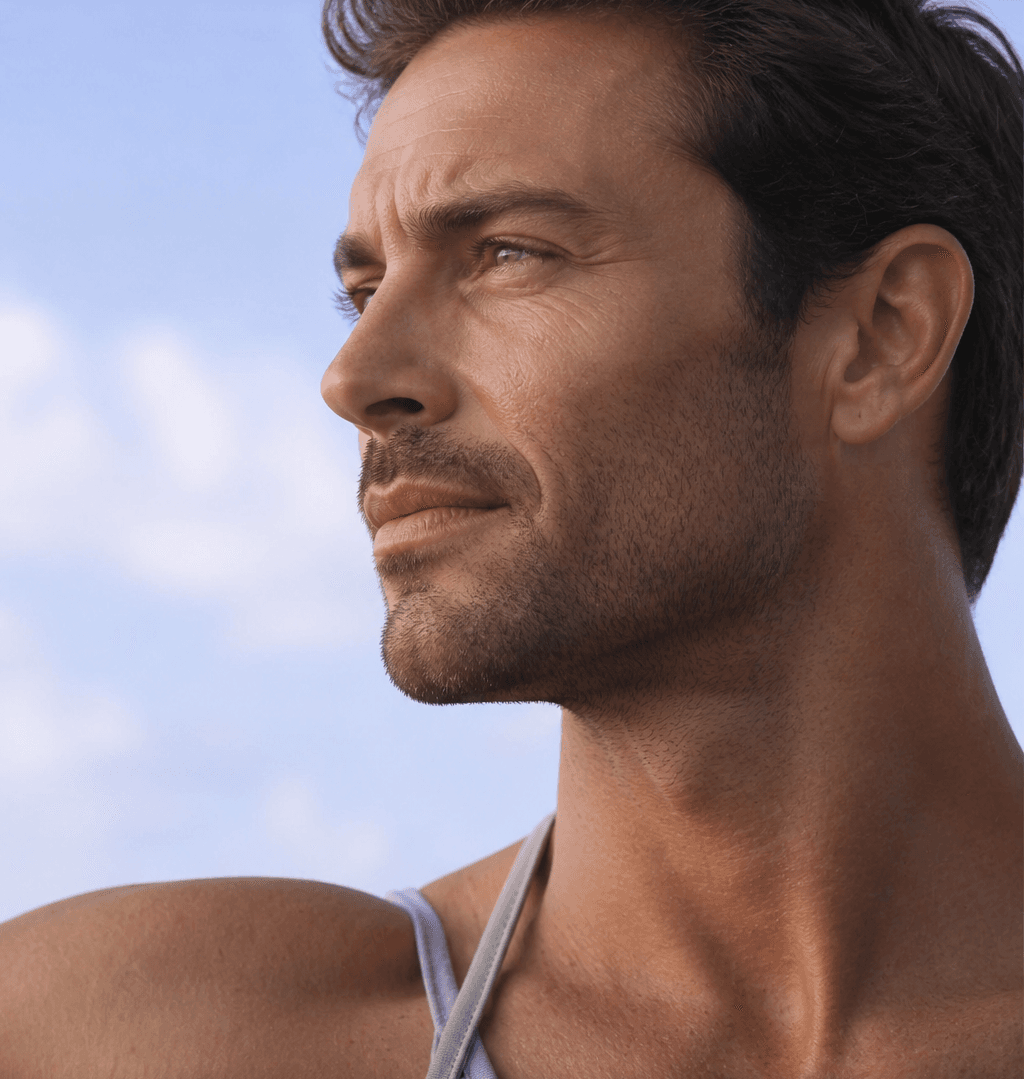 Man looking into the distance against a blue sky