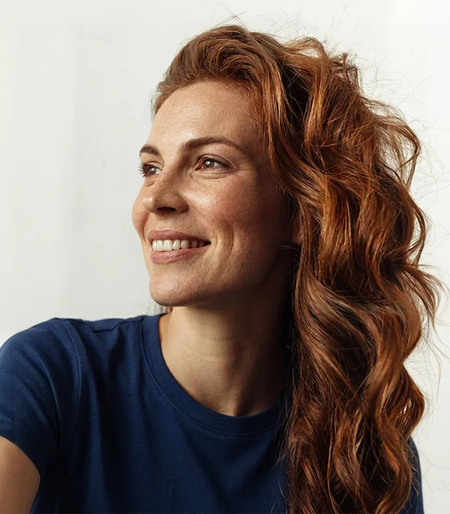 A smiling woman with long auburn hair, looking away from camera